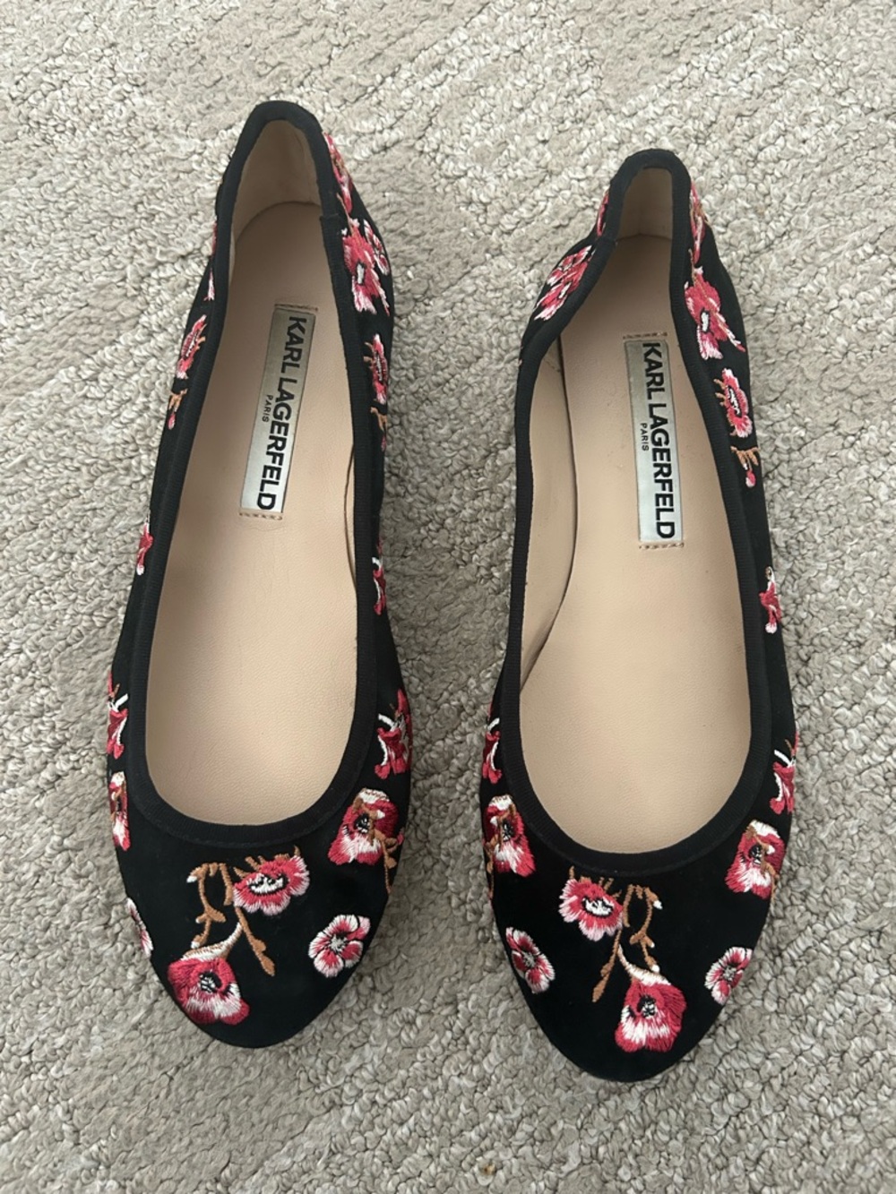 Karl Lagerfeld Black Ballet Flats with Pink Red Floral Embroidery